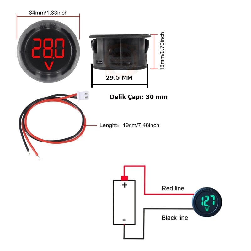 DC 4-100V Led Dijital Kırmızı Ekran Dairesel Voltmetre