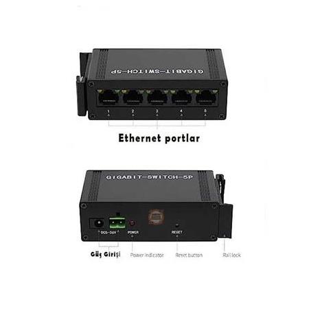 Gigabit Endüstriyel 5 Port Ethernet Switch - DIN Ray Montajlı