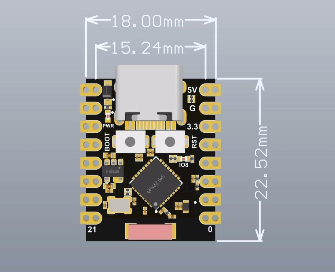 ESP32-C3 SuperMini ölçü ve ürün görseli
