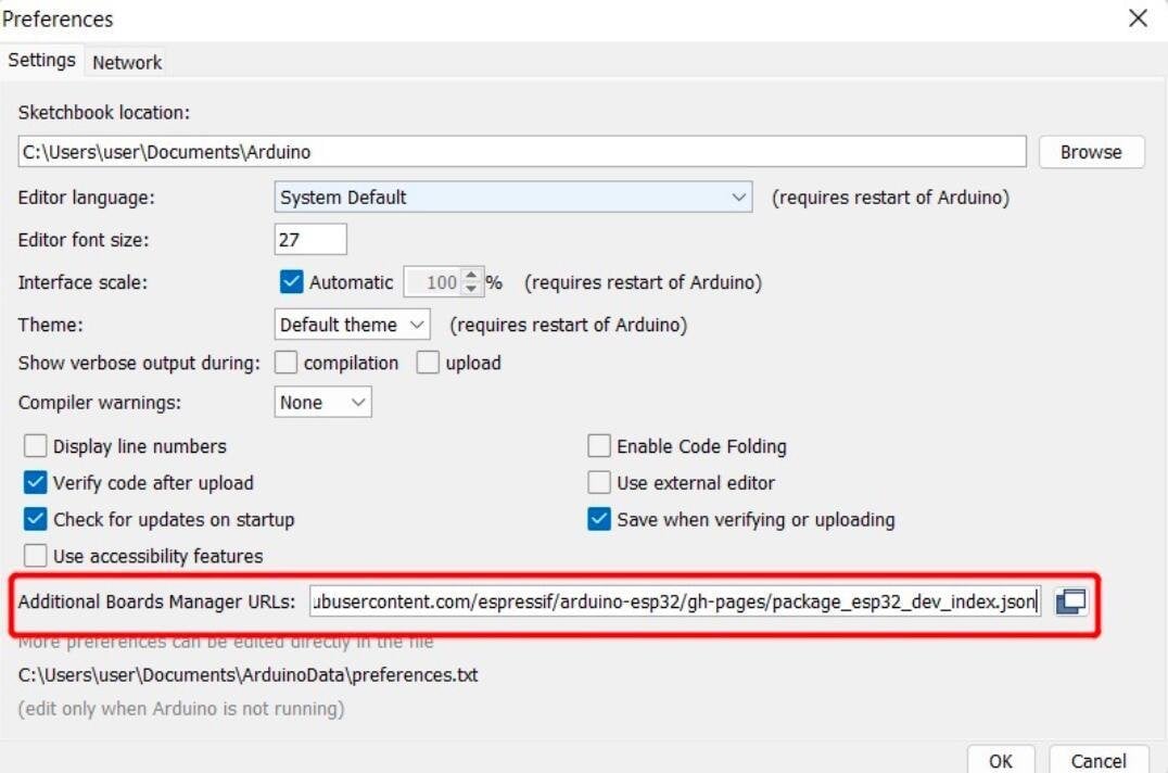 Arduino IDE ek kart yöneticisi URL alanı