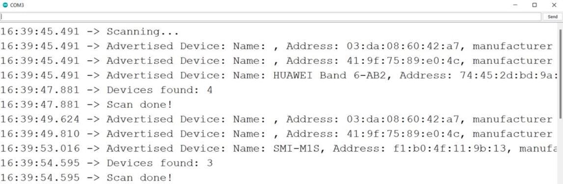 ESP32-C3 SuperMini BLE tarama seri monitör çıktısı