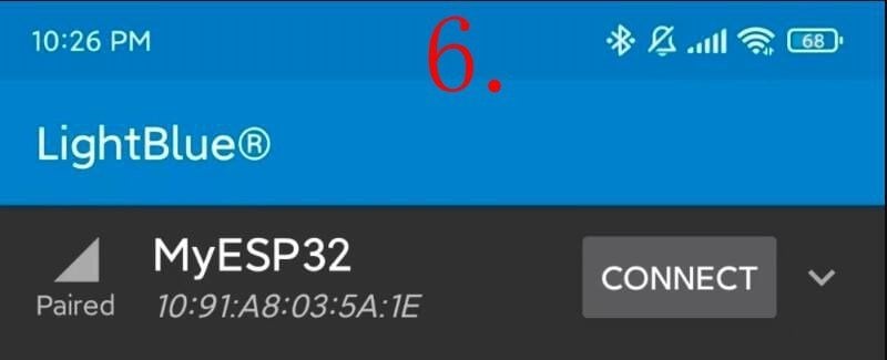 LightBlue MyESP32 bağlantı ekranı
