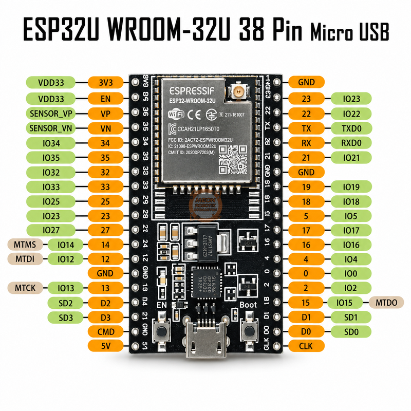 ESP32-WROOM-32U Harici Antenli WiFi Bluetooth Geliştirme Kartı - 38 Pin, CP2102, Micro-USB