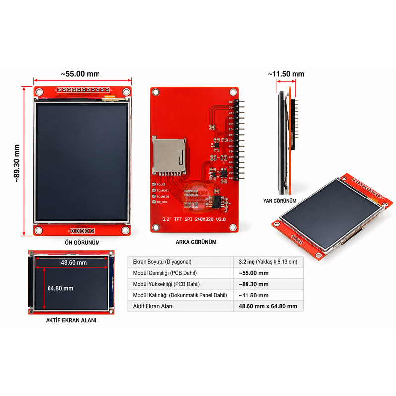 SPI TFT 3.2'' Dokunmatik LCD Ekran Modülü ILI9341
