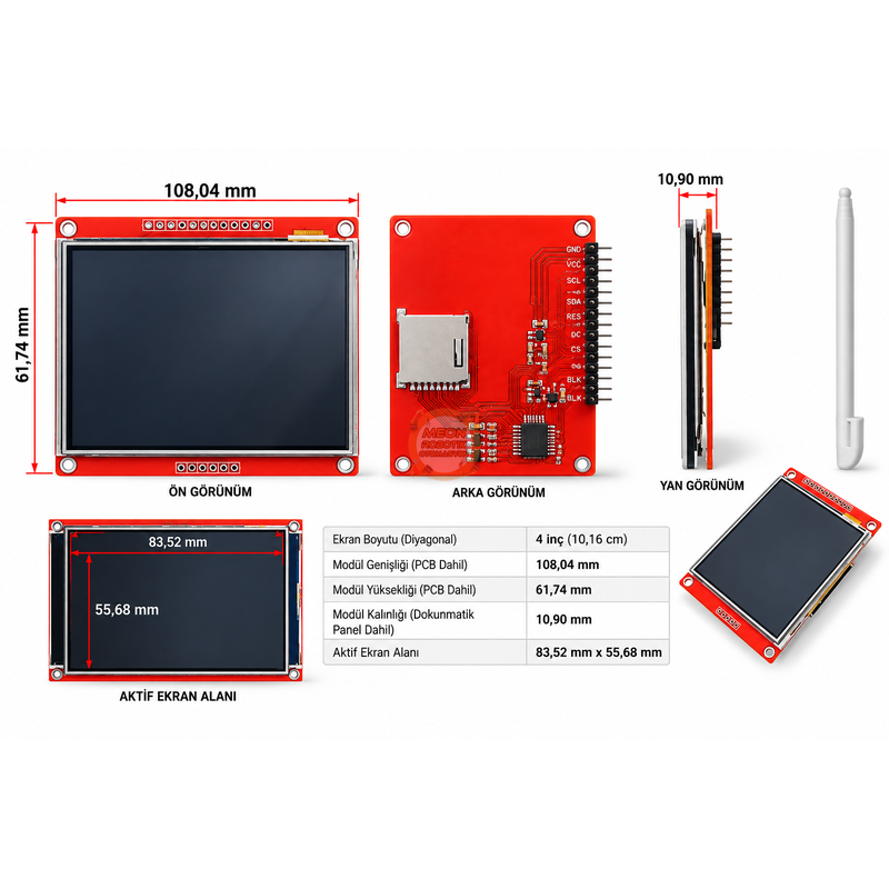 SPI TFT Ekran 4 İnç Dokunmatik LCD Modülü ST7796S 480x320