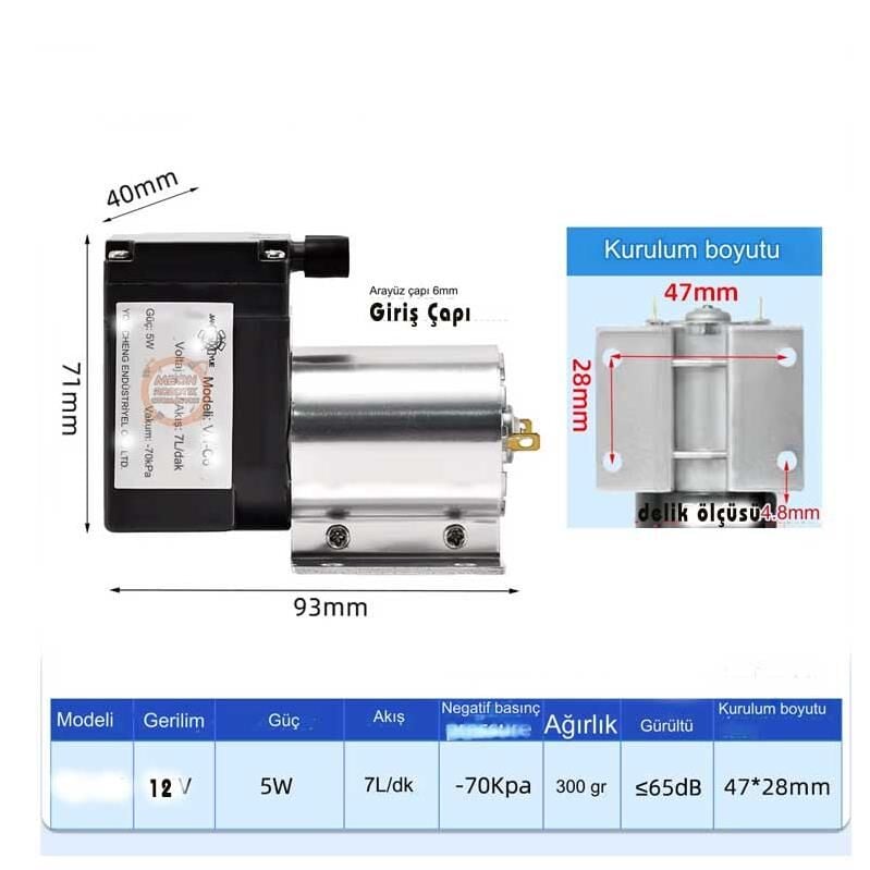 Mini Dc Vakum Pompası -Dc 12V 5W 7L/dak Mikro Diyafram Pompası