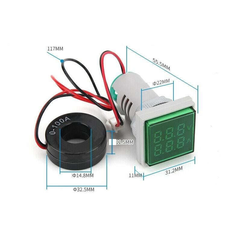 22mm Dijital Voltmetre-Ampermetre Kare AC 60-500V 0-100A Kırmızı