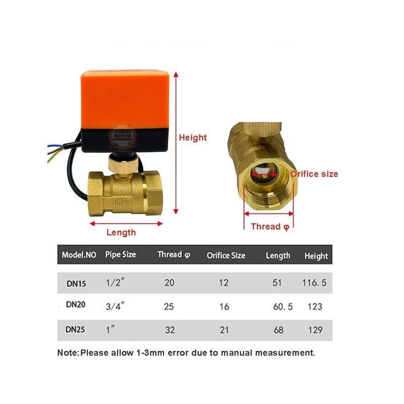 DN20 24V Dc Elektrik Aktüatörlü 3/4'' İki Yönlü Küresel Vana 3 Kablolu 2 Kontrollü Pirinç Gövde