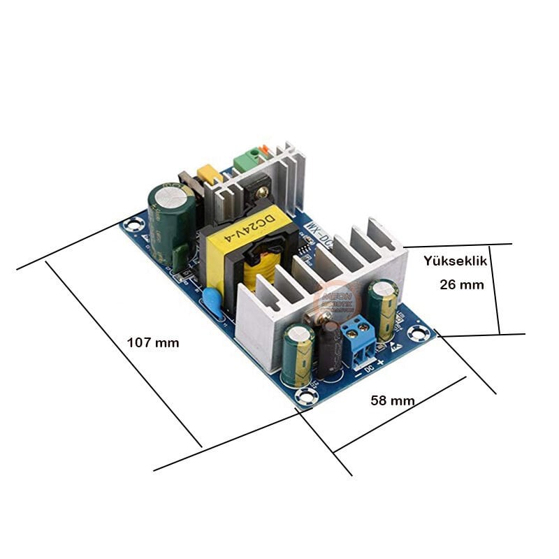 24V Dc 4A 100W Anahtarlamalı Güç Kaynağı Kartı - AC-DC 100W Modül 220V Ac Giriş-24v Dc Çıkış