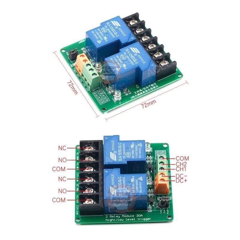 2 Kanal 30A 12 Vdc Tetiklemeli Röle Modülü-12V Röle Kontrol Kartı