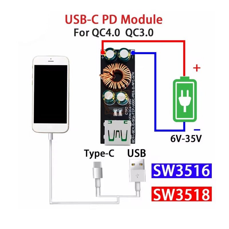 Type-C USB QC4.0 QC3.0 6V-35V Cep Telefonu Hızlı Hızlı Şarj Adaptörü Modülü