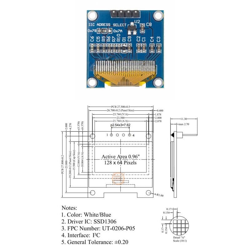 Oled Lcd 128x64 0.96 inch Mavi Ekran