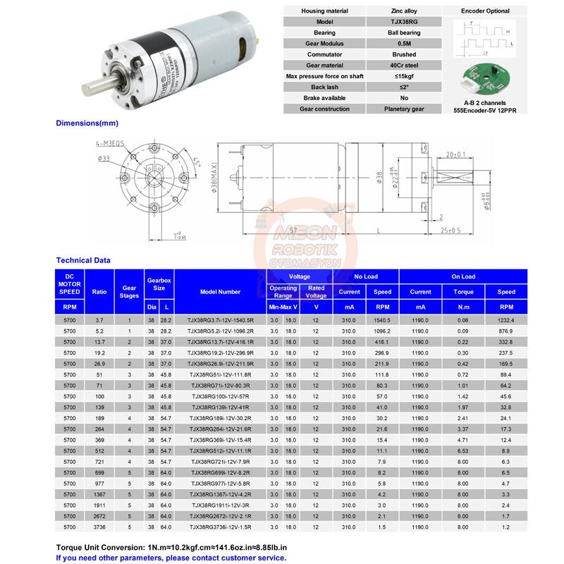 DC 12V 22 Rpm Yüksek Torklu Planet Dişli Motor TJX38RGb264i-ZX8001