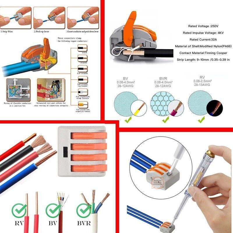 PCT-214 Hızlı Bağlantı Klemensi 4 Pin-Mandallı Vidasız Buat Terminali 32A