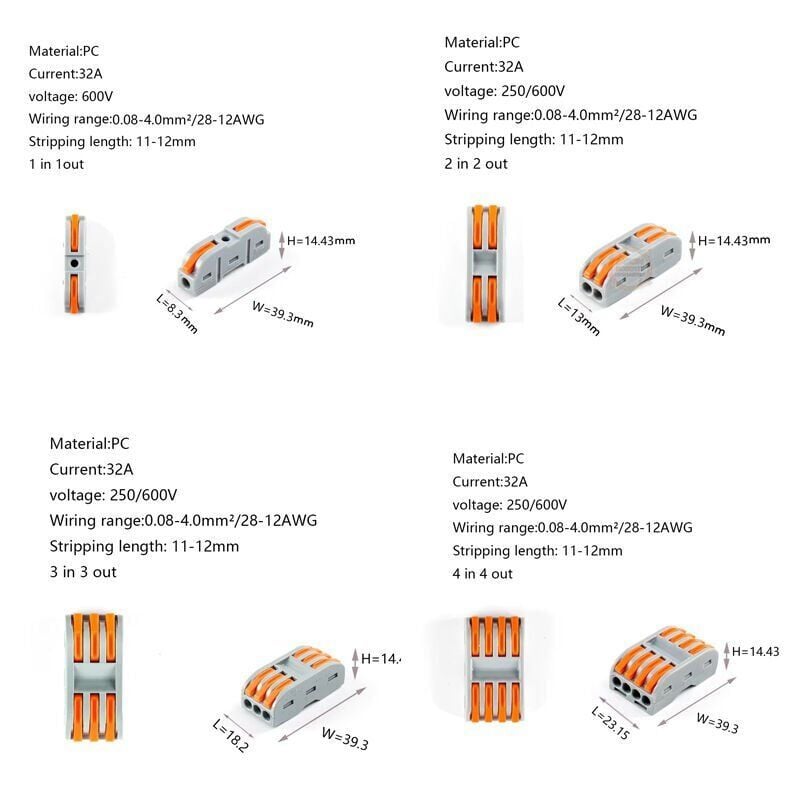 PCT-222 2-Giriş 2-Çıkış Kablo Birleştirici Klemens-Mandallı Vidasız Buat Terminali 32A