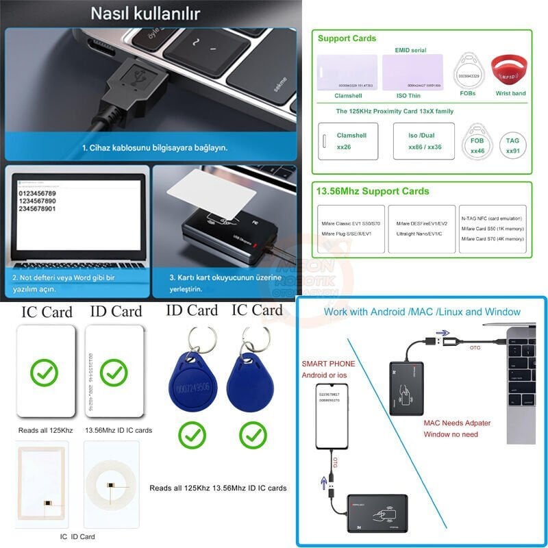 13.56Mhz Usb Rfid IC Kart ve Etiket Okuyucu Modülü