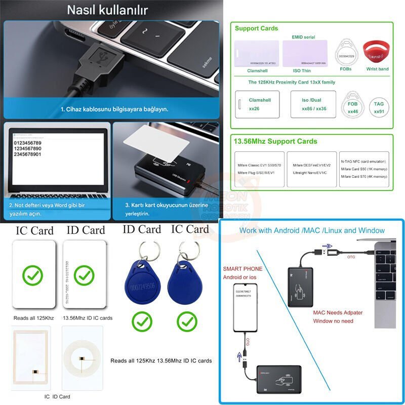 13.56Mhz Usb Rfid IC Kart ve Etiket Okuyucu Modülü