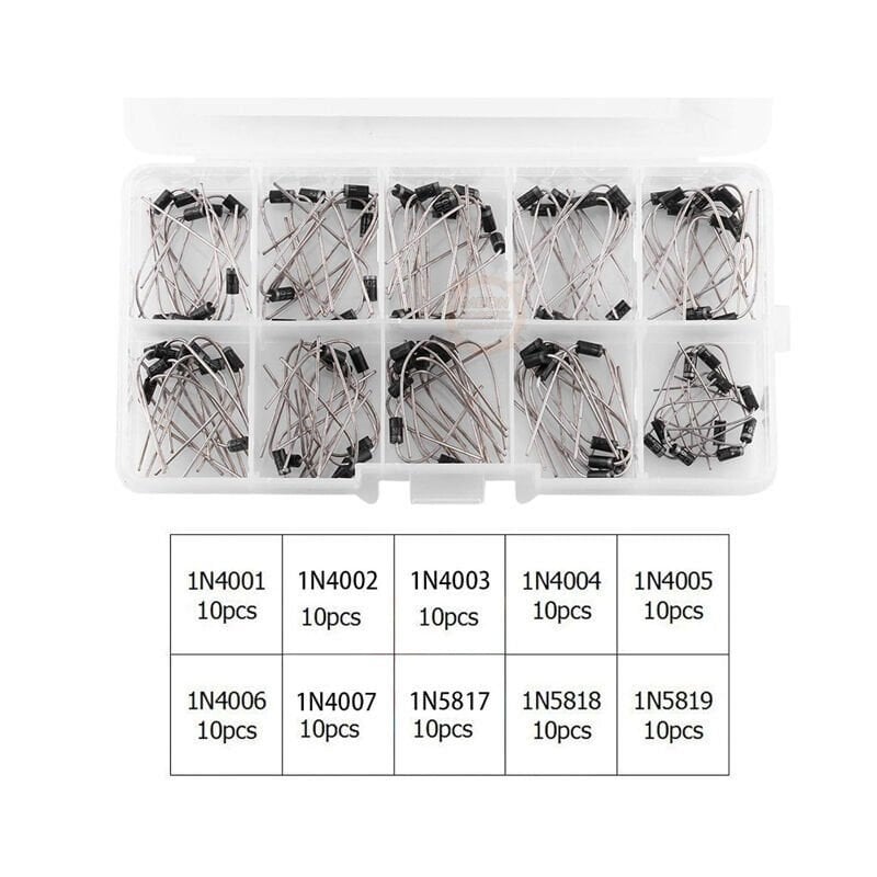 100 Parça 10 Çeşit Diyot Seti  DO-41 Kılıf Kutulu | 1N4001 – 1N5819