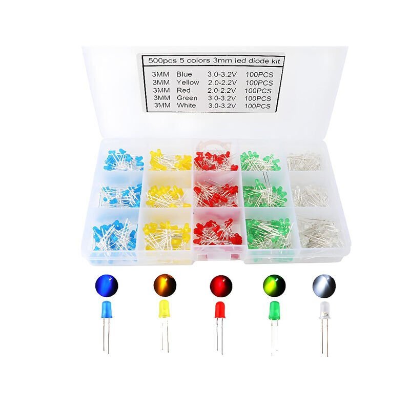 3mm 500 Adet Beyaz Kırmızı Mavi Yeşil Sarı Led Seti 5 Çeşit Plastik Kutulu