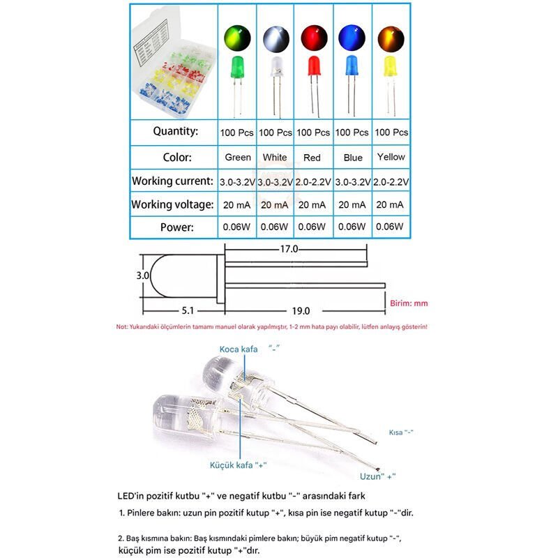 3mm 500 Adet Beyaz Kırmızı Mavi Yeşil Sarı Led Seti 5 Çeşit Plastik Kutulu