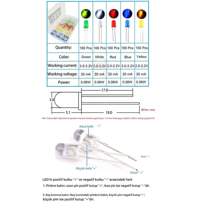 3mm 500 Adet Beyaz Kırmızı Mavi Yeşil Sarı Led Seti 5 Çeşit Plastik Kutulu