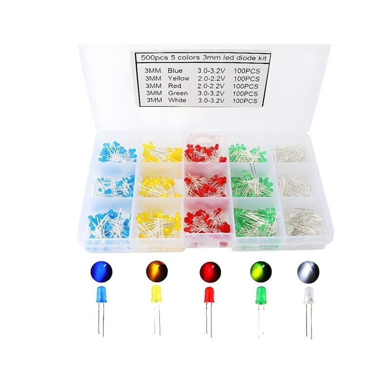 3mm 500 Adet Beyaz Kırmızı Mavi Yeşil Sarı Led Seti 5 Çeşit Plastik Kutulu