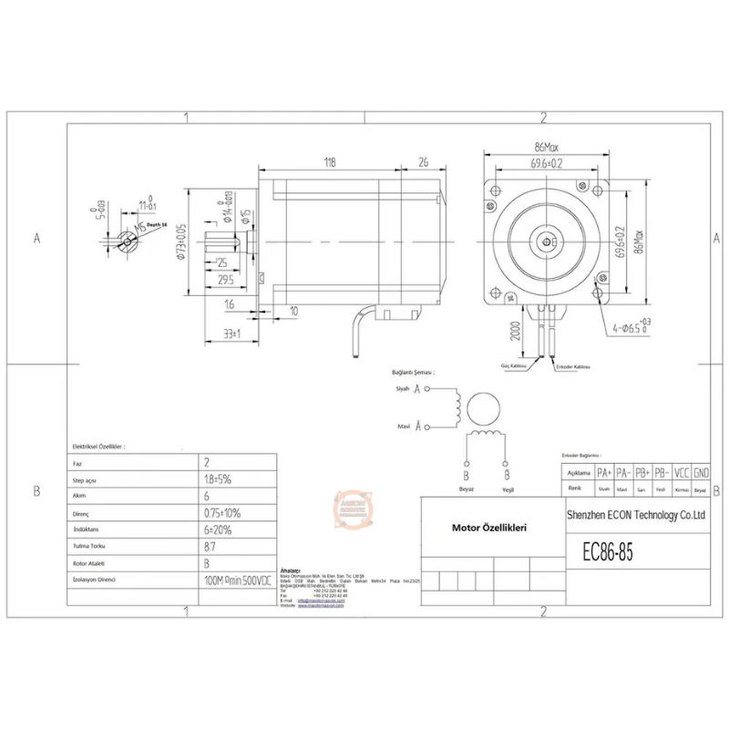 Nema34 8.5 Nm Enkoderli Kapalı Çevrim Step Motor/Hibrit Servo (EC86-85)
