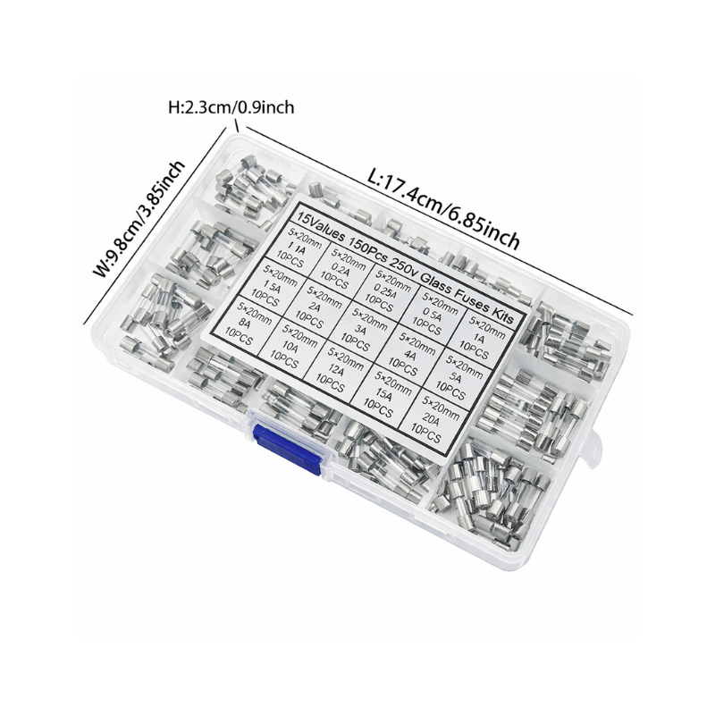 Cam Tüp Sigorta Seti  150 Adet | 0.1A–20A Arası Çeşitler | 250VAC | 5x20mm