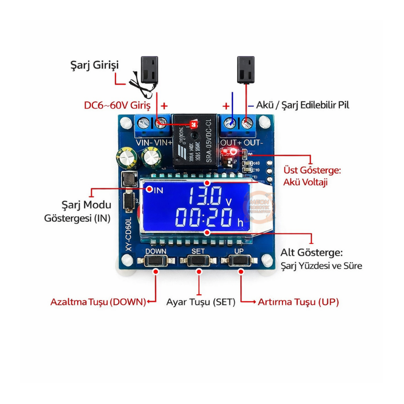 XY-CD60L Güneş Pili Şarj & Deşarj Kontrol Modülü | DC 6-60V Akü Koruma Kartı | LCD Ekranlı