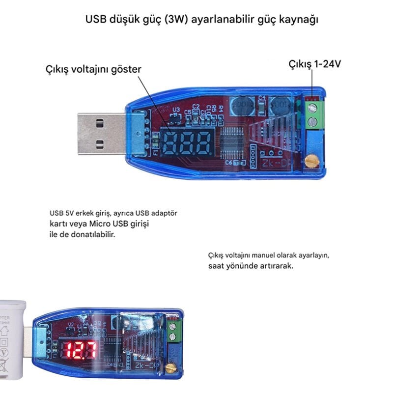 USB 5V 1-24V DC-DC Ayarlanabilir Voltaj Yükseltici Düşürücü Regülatör Modülü – LED Ekranlı Boost Converter