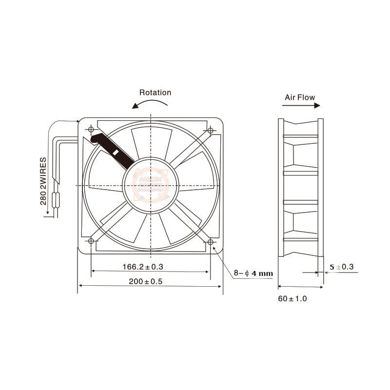220V AC Kare Metal Gövde Fan 200x200x60mm Rulmanlı Endüstriyel Soğutma Fanı
