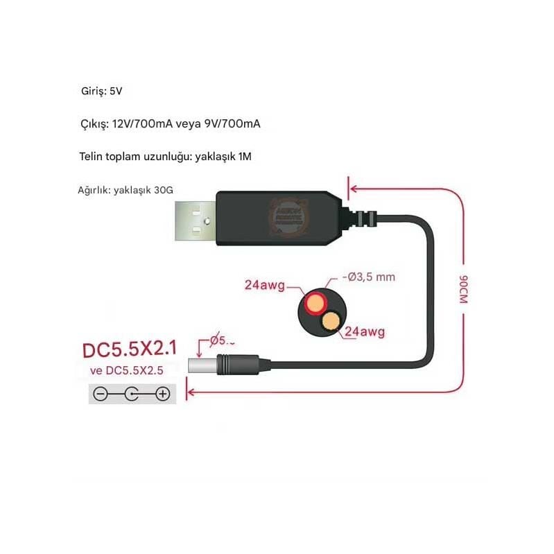USB 5V - 12V Voltaj Yükseltici Booster Adaptör 5.5x2.5mm Soketli