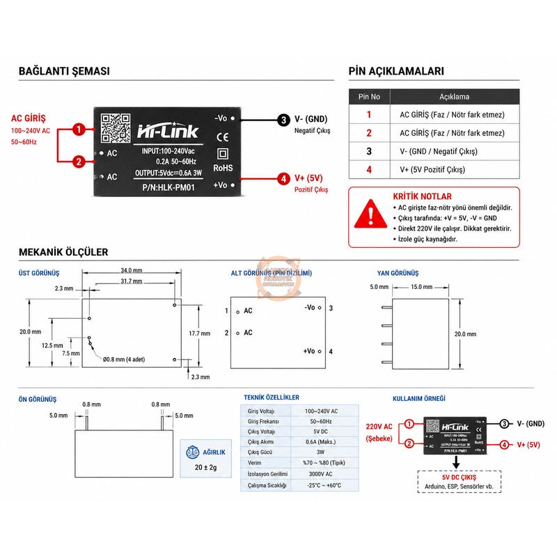 HLK PM01 AC 220V DC 5V 3W İzole Güç Kaynağı Modülü