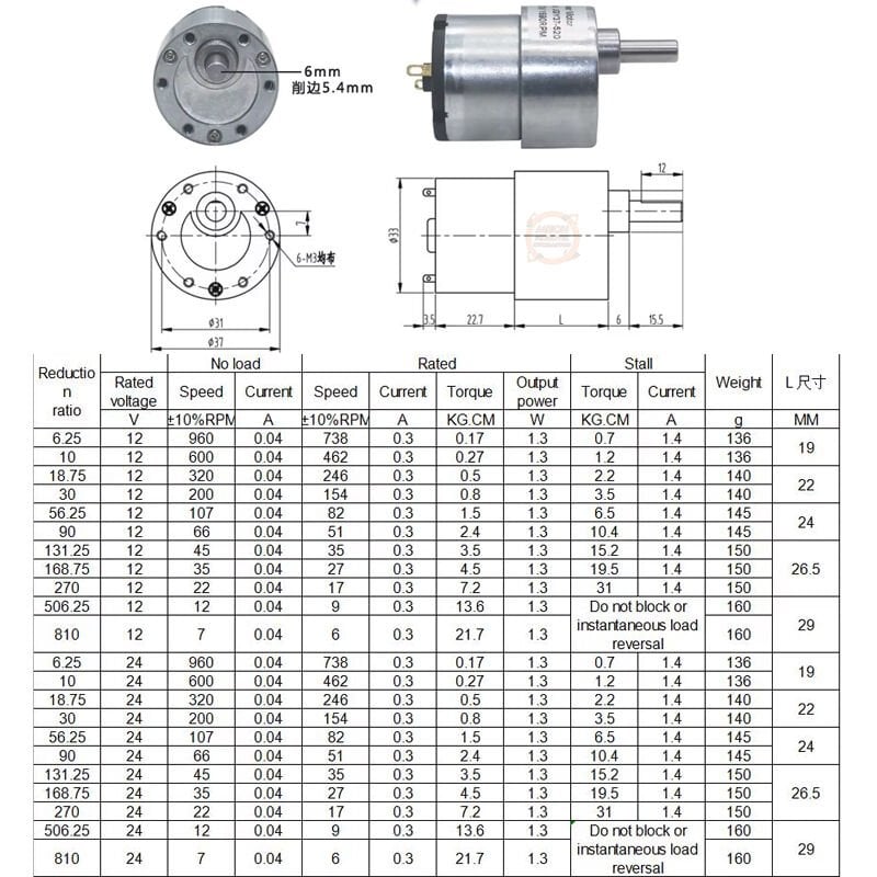 12V 35mm 200 Rpm Redüktörlü Yüksek Torklu Dc Motor JGB37-520