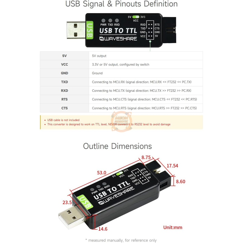 USB TTL Endüstriyel FT232RL Waveshare Dönüştürücü Modül