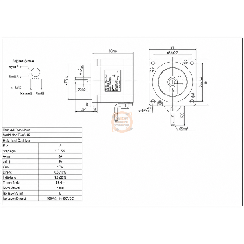 4.5 Nm Nema34 Step Motor (EO86-45 14mm Mil) JKON-TEK