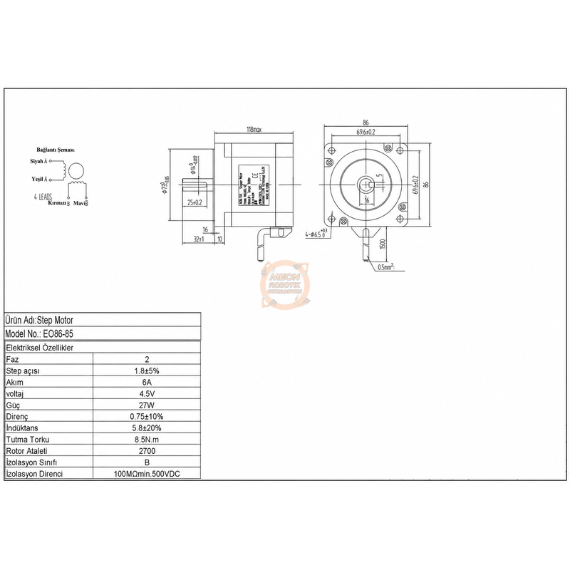 8.5 Nm Nema34 Step Motor (EO86-85 14mm Mil) JKON-TEK