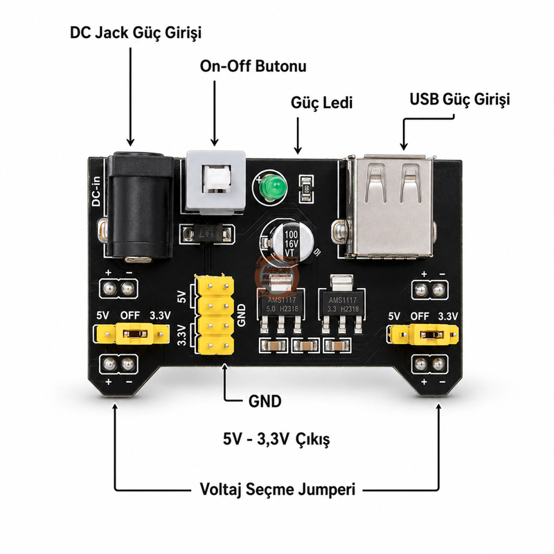 Breadboard Güç Kartı 3.3V/5V MB102 Uyumlu Prototip Devre Besleme Modülü