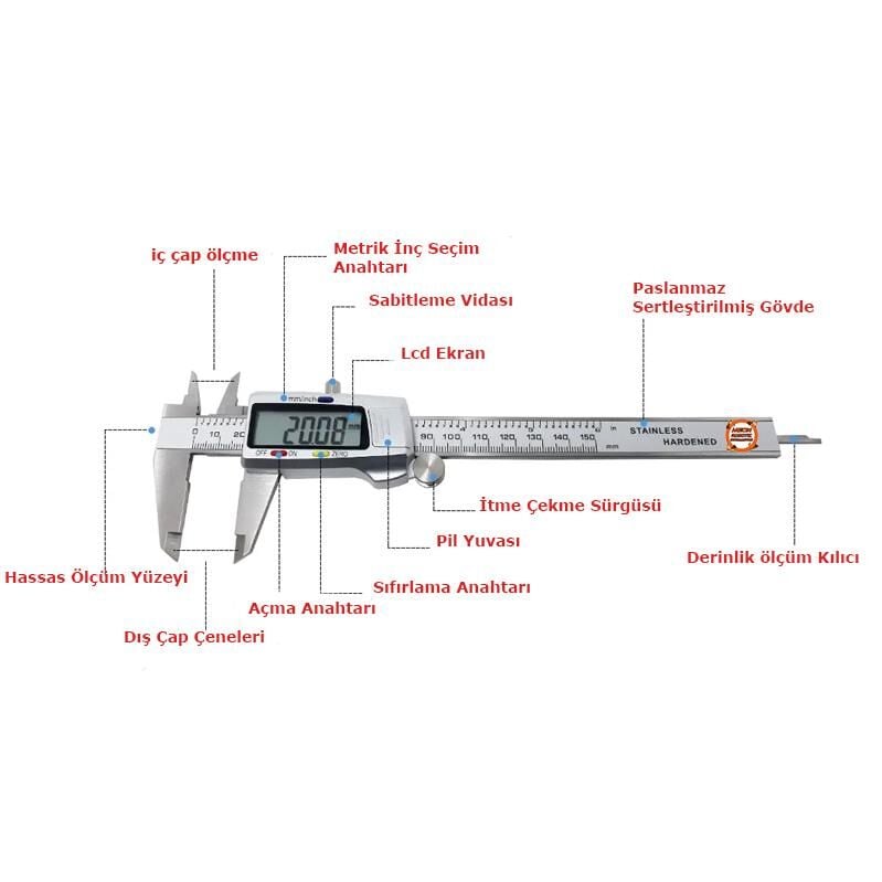 Dijital Çelik Gövde 150 mm Kumpas-Pil Hediyeli