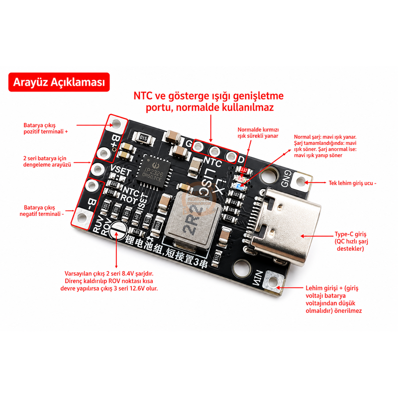 2S 3S Şarj Modülü Type-C QC Hızlı Şarj Destekli Lityum Pil Şarj Devresi