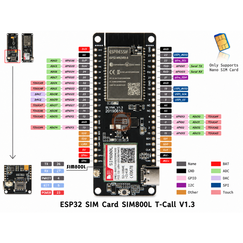 ESP32 Sim Card SIM800L T-Call V1.4 2G GSM/GPRS Geliştirme Kartı – (IMEI Kayıtlı)
