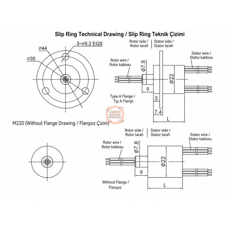 Slip Ring-Kayar Bilezik Çap 22 mm 18 Kanal 2A Flanşlı Kapsül