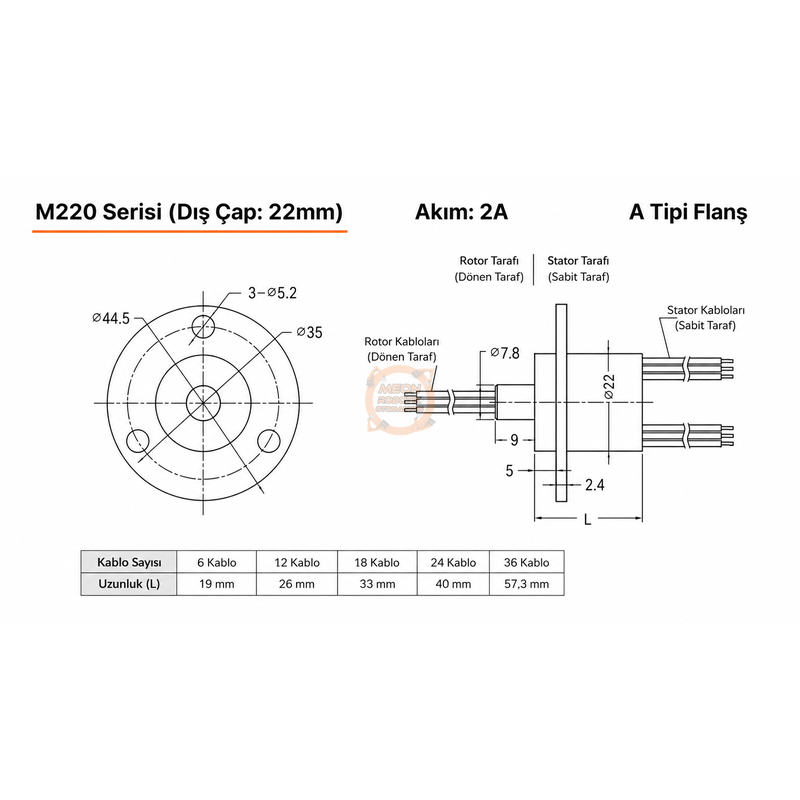 Slip Ring-Kayar Bilezik Çap 22 mm 18 Kanal 2A Flanşlı Kapsül