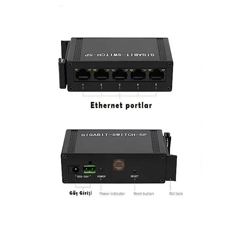 Gigabit Endüstriyel 5 Port Ethernet Switch - DIN Ray Montajlı