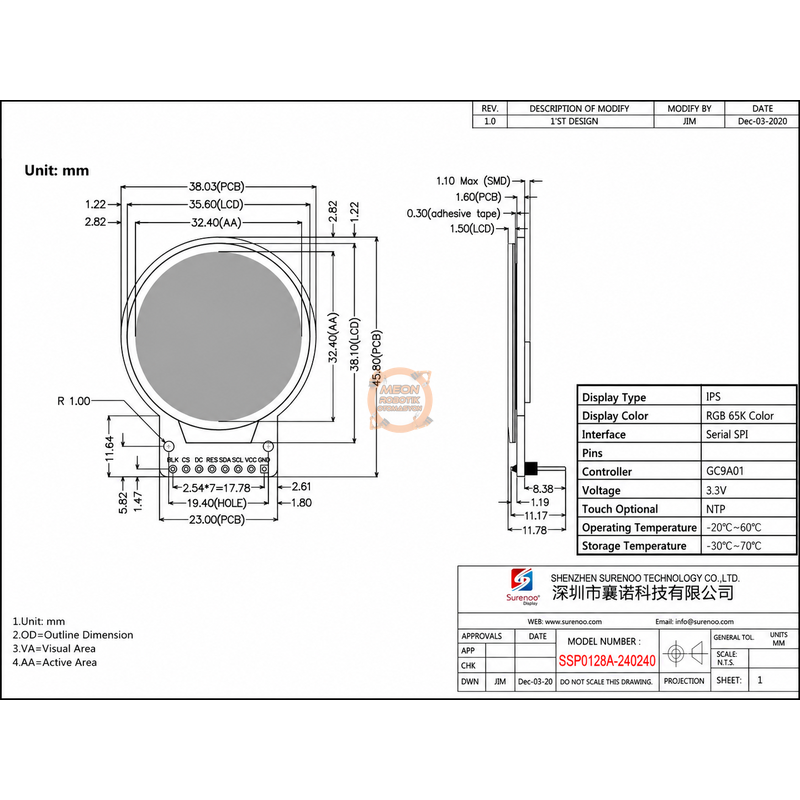 GC9A01 1.28 İnç 240x240 Yuvarlak IPS TFT LCD Grafik Ekran Modülü - 7 Pin SPI