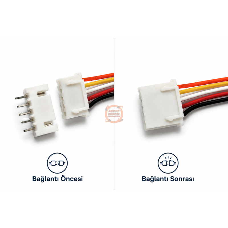 JST-XH Konnektör 5 Pin 2.54mm 26AWG 20cm – Dişi Kablo ve Erkek PCB Soket Seti