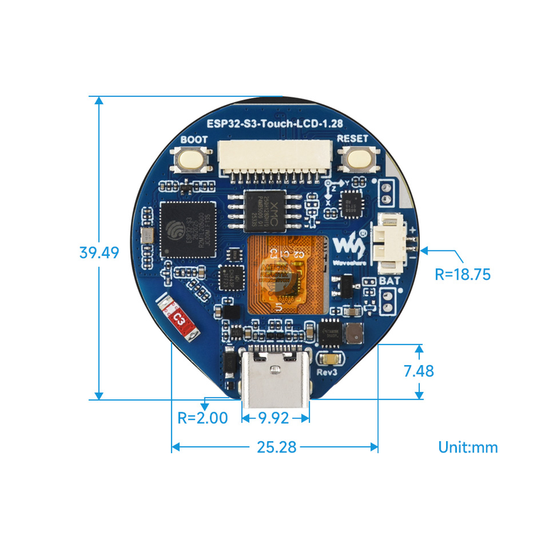 Waveshare ESP32-S3-Touch-LCD-1.28 Yuvarlak Dokunmatik IPS LCD WiFi Bluetooth Geliştirme Kartı 1.28 İnç - SKU 25098