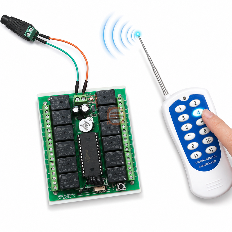 12 Kanal 433 MHz Kablosuz RF Alıcılı Röle Kartı DC 12V – Kutulu Kumandalı