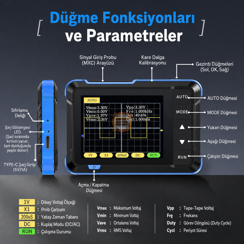Mini Osiloskop 10 MHz 48 MS/s FNIRSI DSO-510 Sinyal Jeneratörlü