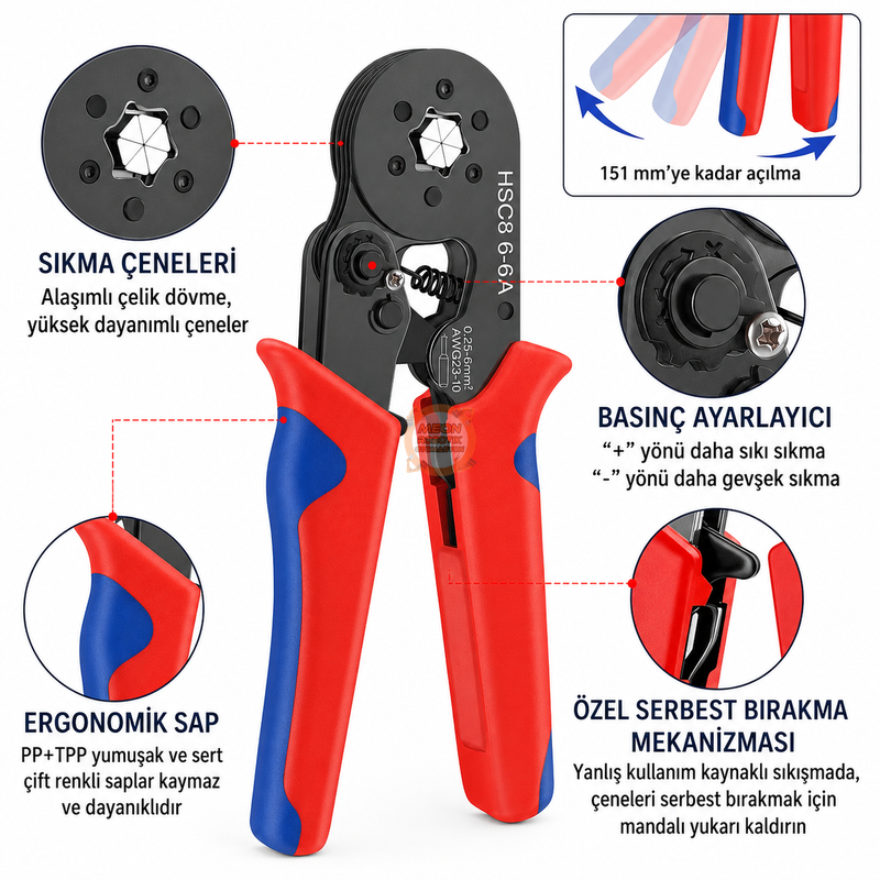 HSC8 6-6A Yüksük Pensesi 0,25-6 mm² Altıgen Sıkma